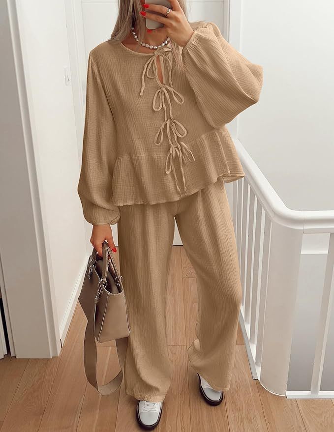 Casual Women Long Sleeves V Neck Shirts and Pants Suits