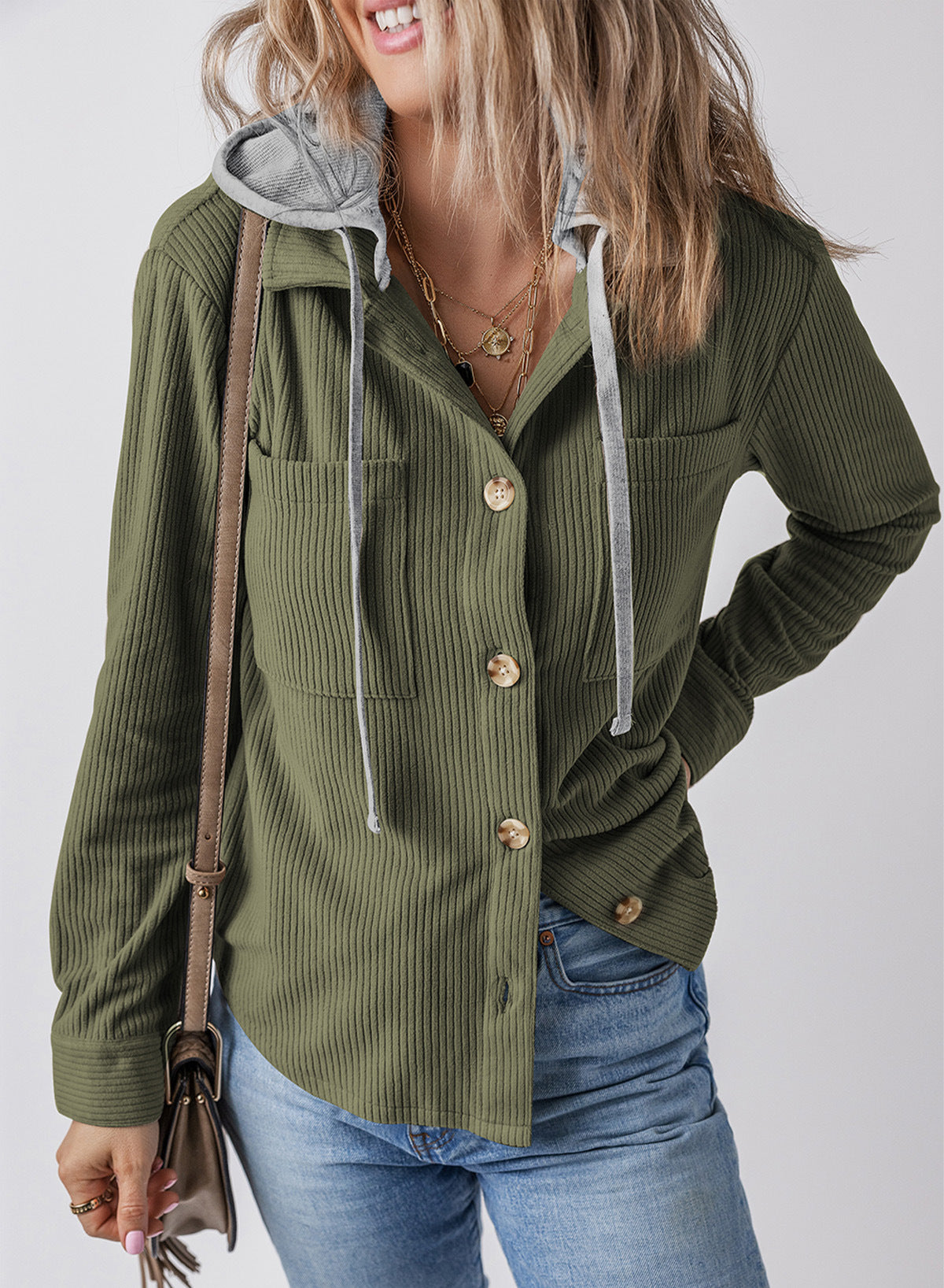 Women Lapel Buckle Cardigan Hooded Pull Rope Striped Jacket Coats