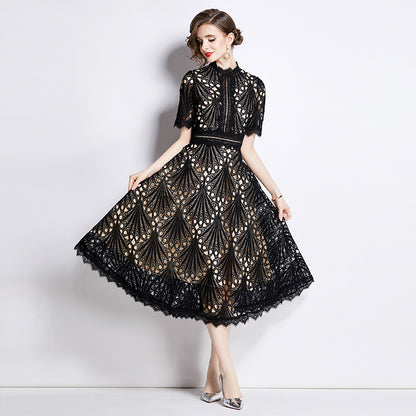Elegant Round Neck Summer Midi Length Lace Dresses