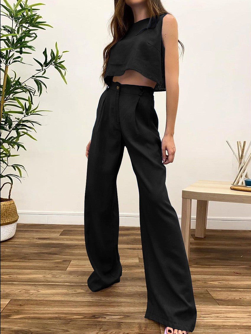 Casual Cotton Linen Sleeveless Tops & Wide Legs Pants
