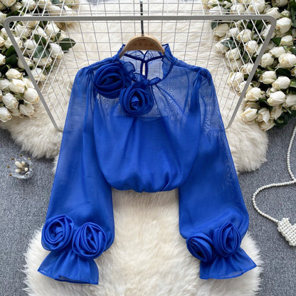 Designed 3D Flowers Chiffon Long Sleeves Shirts
