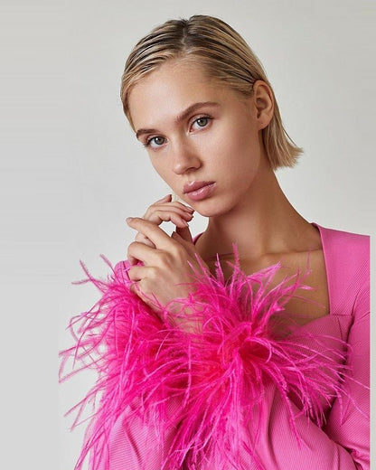 Sexy Square Neckline Feather Design Mini Dresses