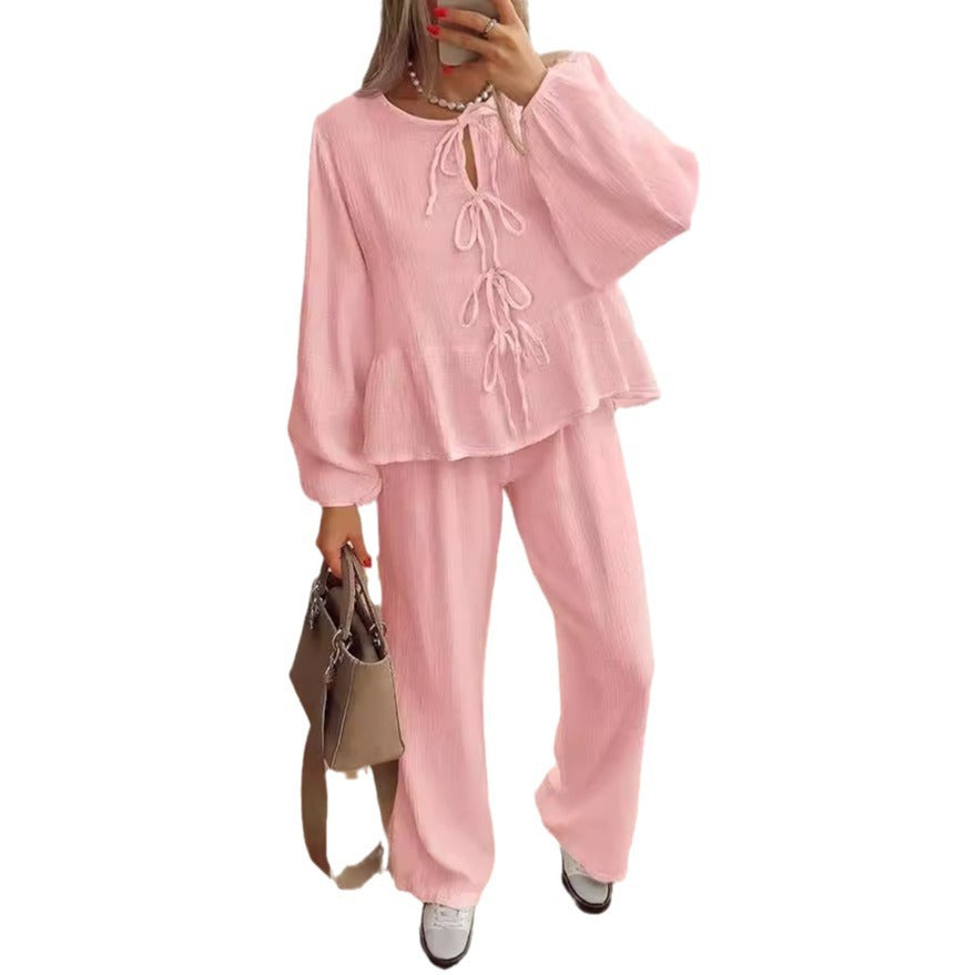 Casual Women Long Sleeves V Neck Shirts and Pants Suits