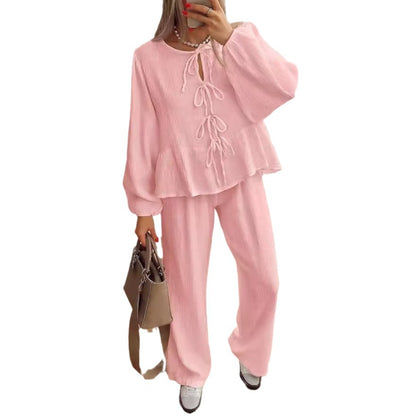 Casual Women Long Sleeves V Neck Shirts and Pants Suits