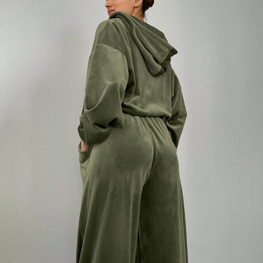 Casual Fashion Pleuch Hoodies & High Waist Pants Women Outfit Sets