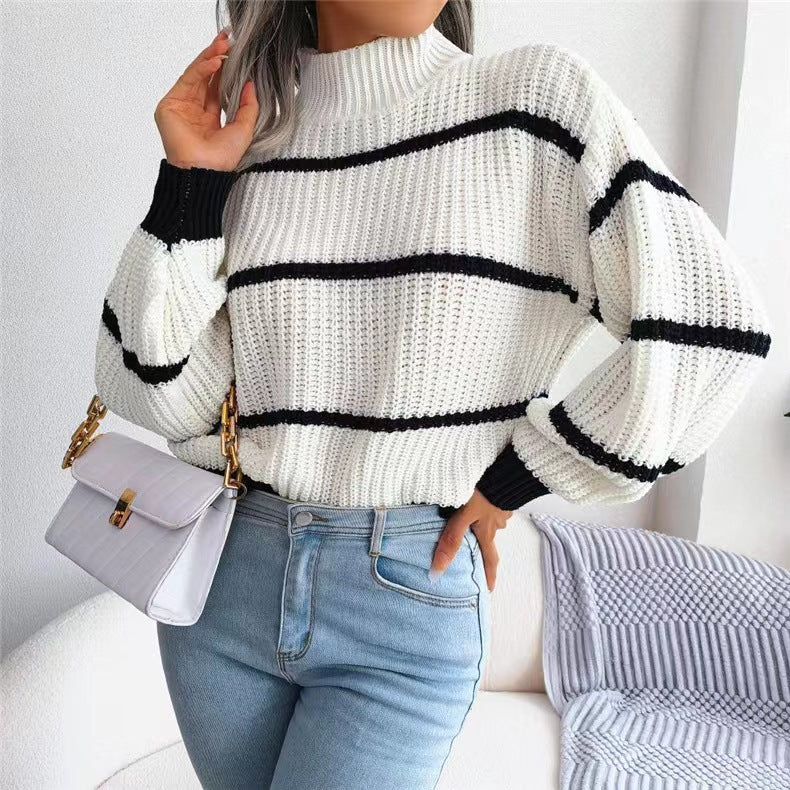 Fashion Striped High Neck Knitted Pullover Sweaters