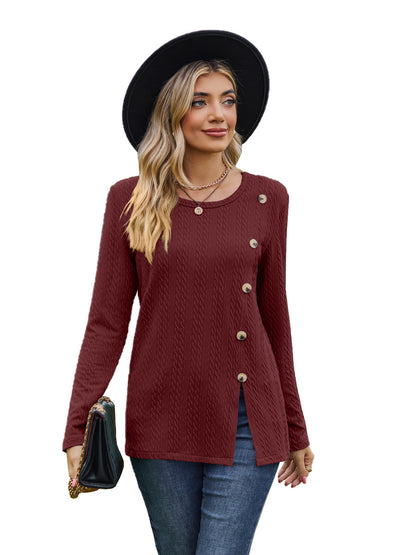 Fashion Round Neckline Button Long Sleeves Shirts