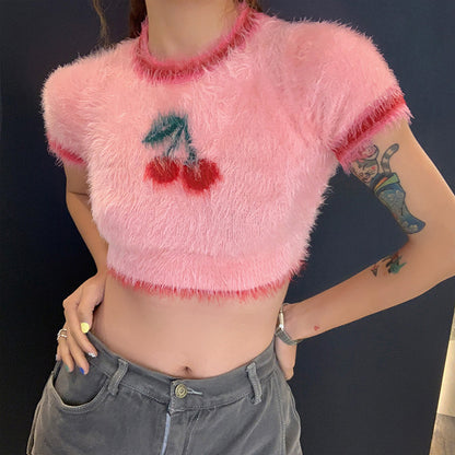 Fashion Cherry Design Midriff Baring Woven T  Shirts