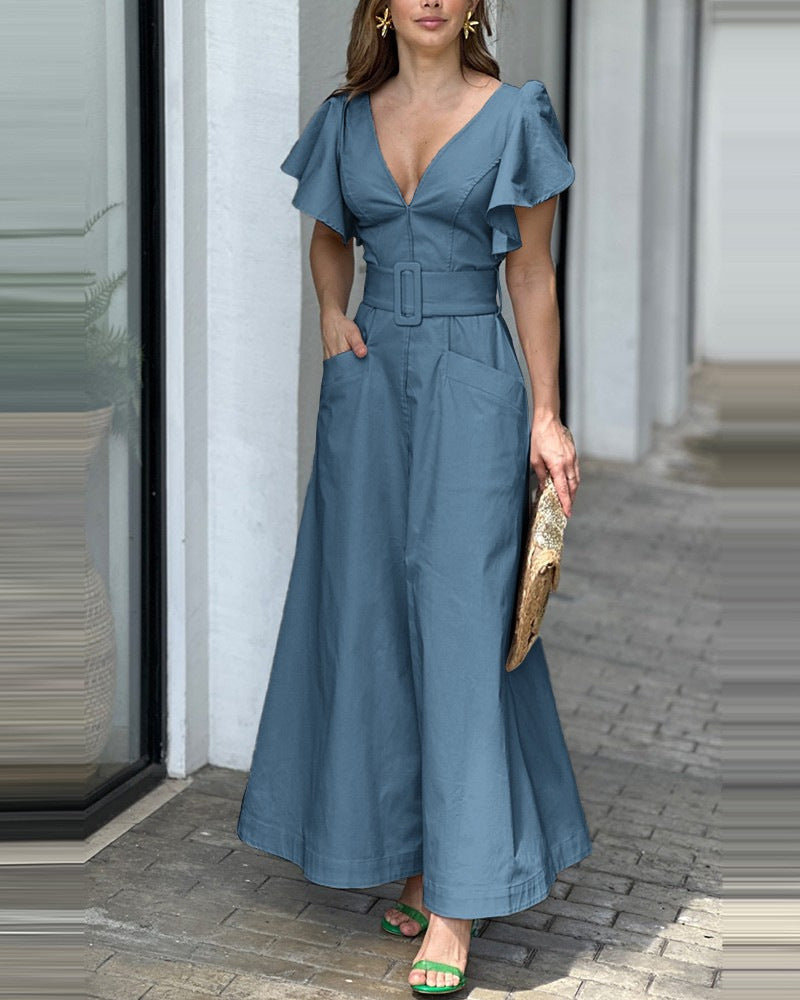 Fashion V Neck Ruffled Long Dresses