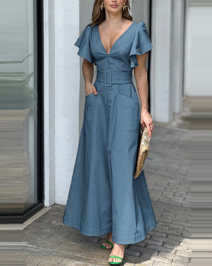 Fashion V Neck Ruffled Long Dresses