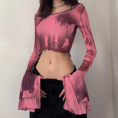 Summer Sexy Trumpet Sleeves Midriff Baring Women Shirts