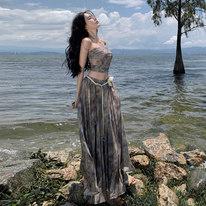 Luxury Vintage Summer Strapless Tops and Long Skirts Suits