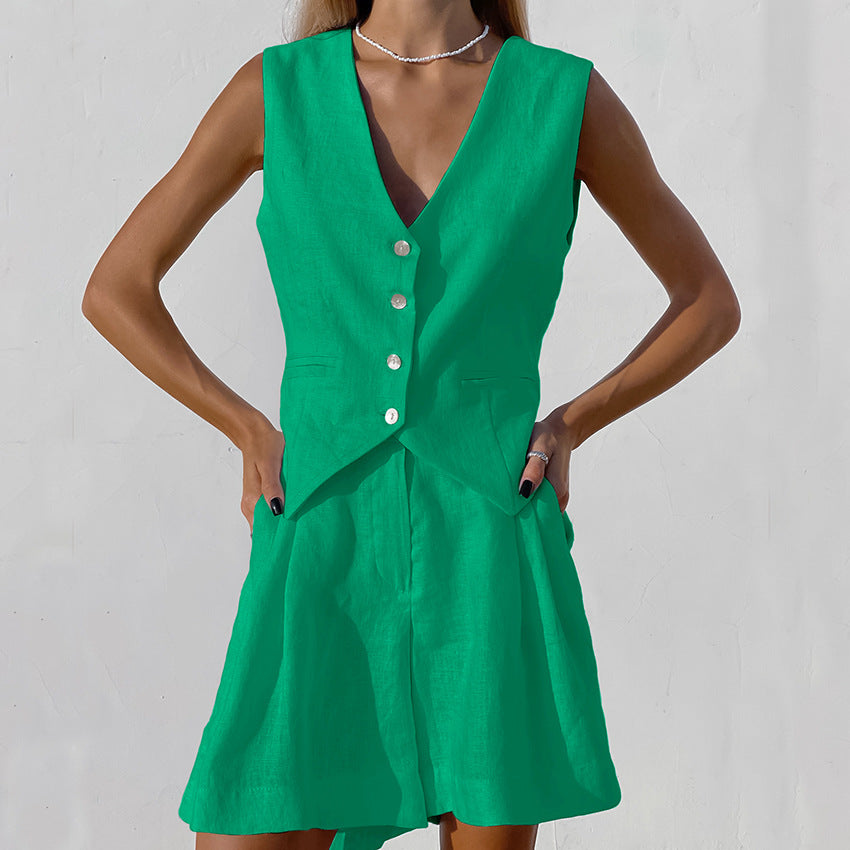 Designed Linen Cotton Summer Sleeveless Tops and Shorts Sets