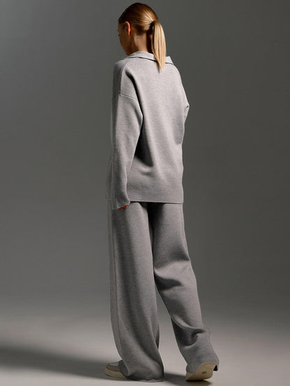 Fashion Winter Polo Neck Knitted Tops & Wide Legs Pants