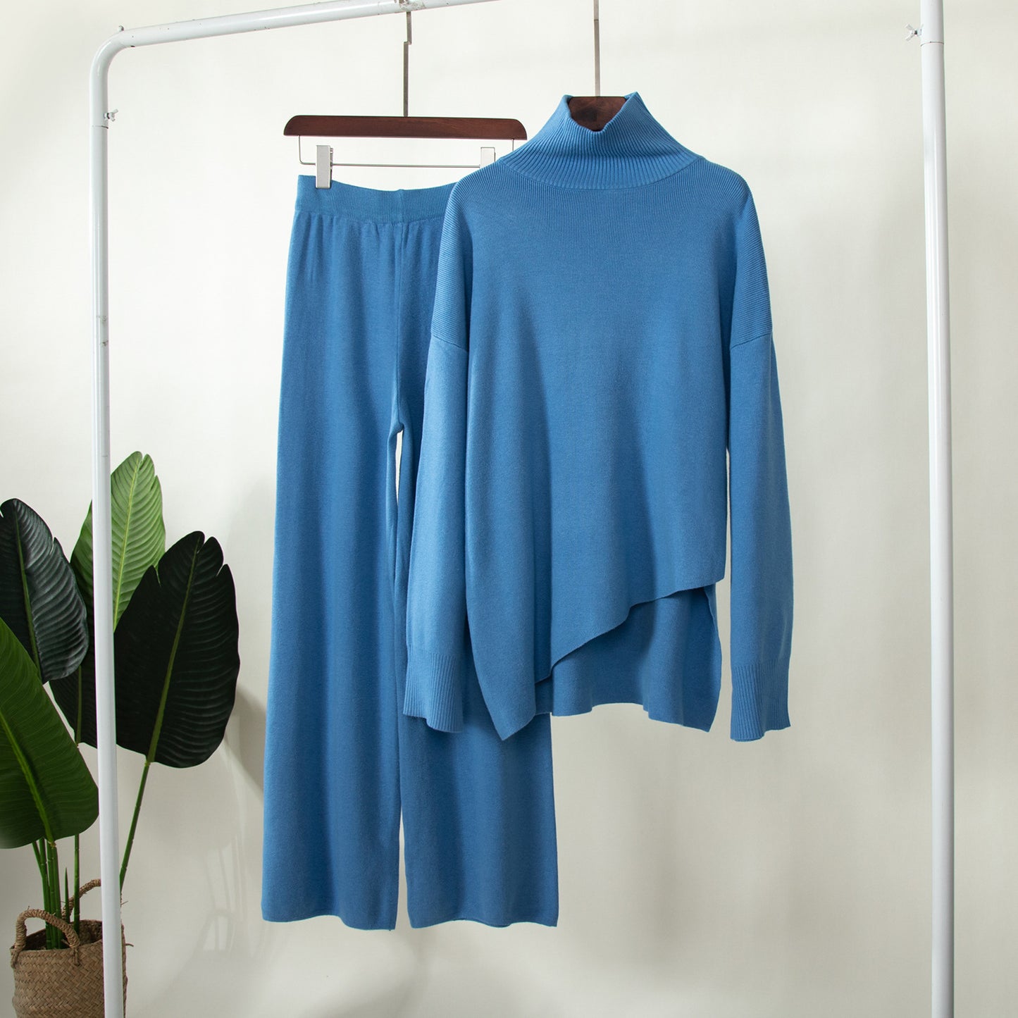 Casual Irregular Pullover Sweaters and Wide Legs Pants Outfits Sets