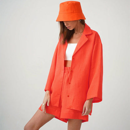 Summer Cotton Long Sleeves Shirts and Shorts Suits