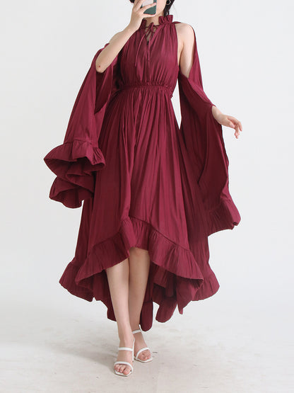 Designed V Neck Ruffled Long Sleeves Cloak Dresses