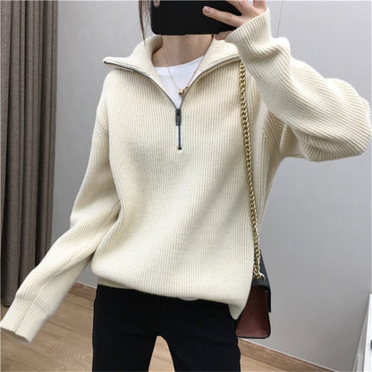 Casual Turnover Zipper Pullover Women Sweaters