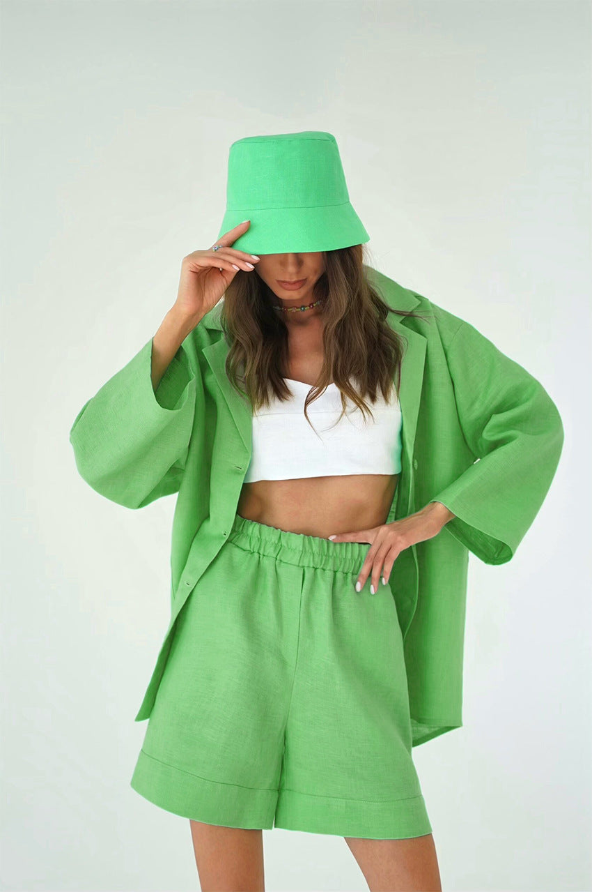 Summer Cotton Long Sleeves Shirts and Shorts Suits