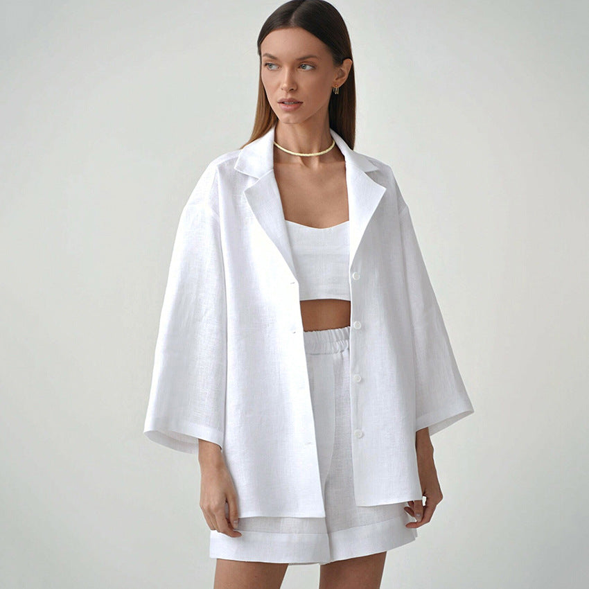 Summer Cotton Long Sleeves Shirts and Shorts Suits