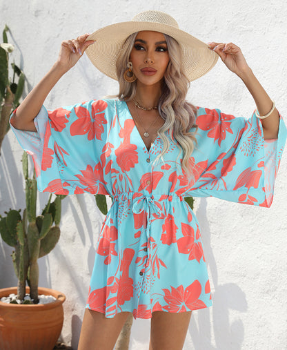 Casual Summer Leaf Print Half Sleeves Mini Dresses