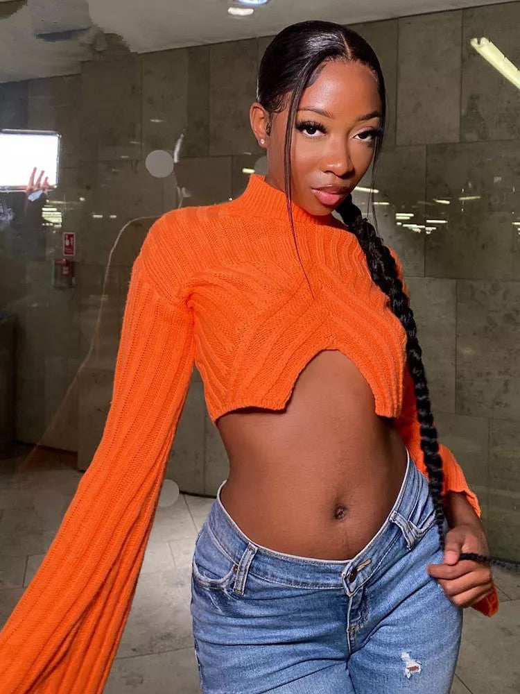 Sexy Irregular Midriff Baring Short Knitted Tops