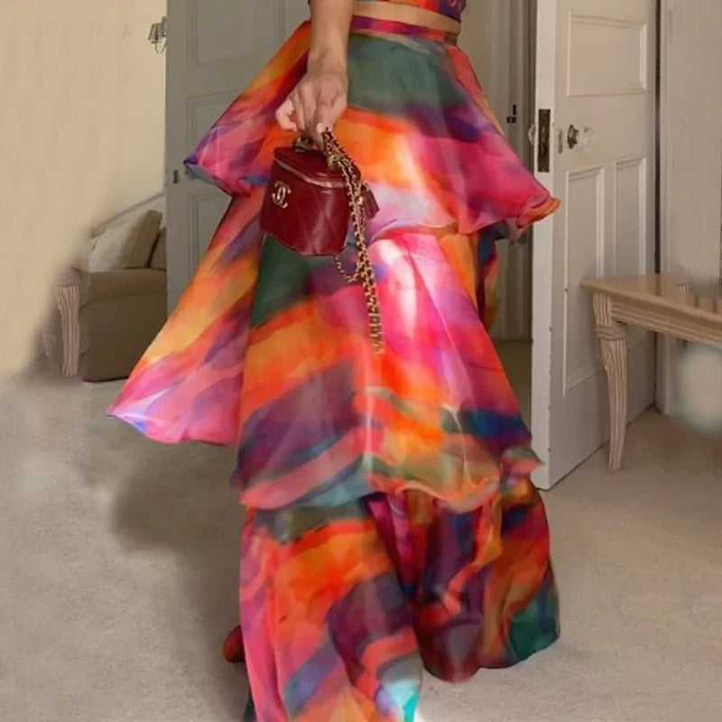 Fashion Floral Print Sleeveless Tiered Cake Dresses