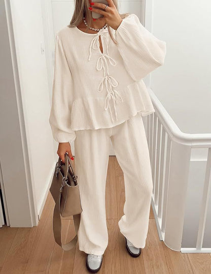 Casual Women Long Sleeves V Neck Shirts and Pants Suits