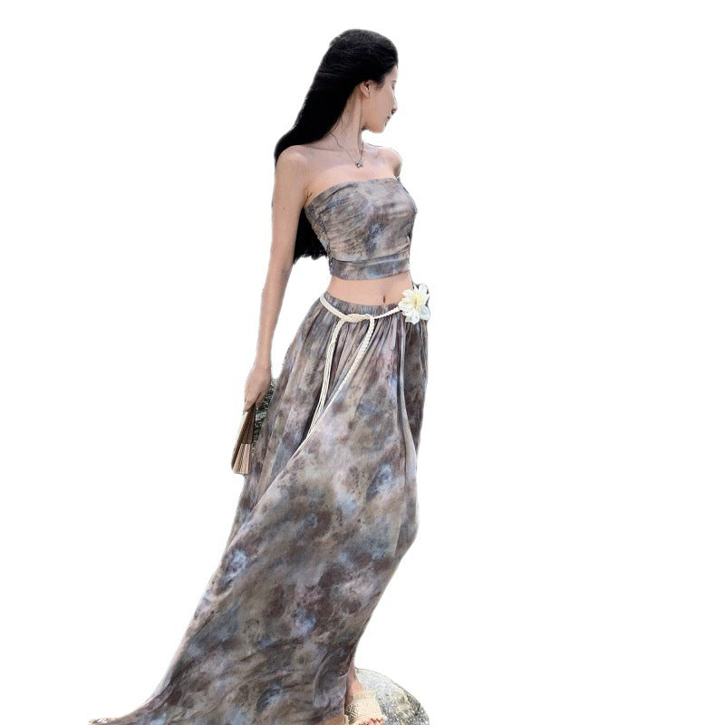 Luxury Vintage Summer Strapless Tops and Long Skirts Suits