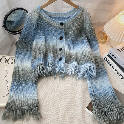 Designed Gradient Color Tassels Long Sleeves Sweaters