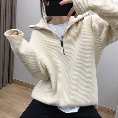 Casual Turnover Zipper Pullover Women Sweaters