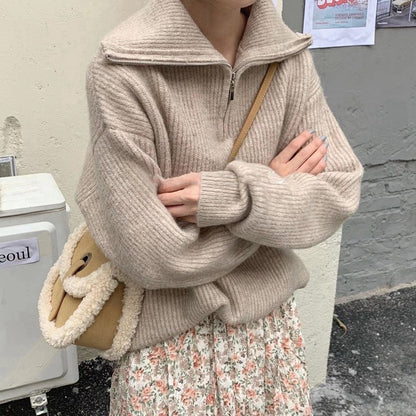 Casual Turnover Zipper Pullover Women Sweaters