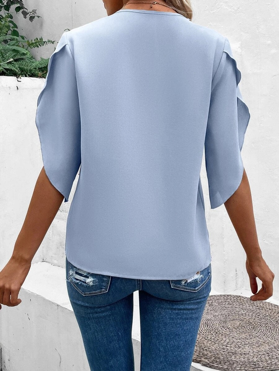 Summer Women's Solid Color Lace V-neck Horn Sleeve Loose Shirt Blouse