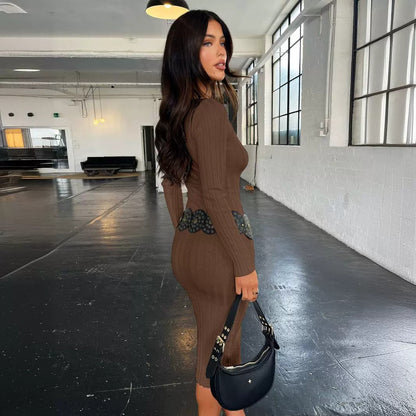 Simple Long Sleeves Knitted Midi Length Dresses