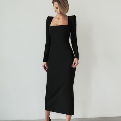 Designed Square Neckline Long Sheathe Black Dresses