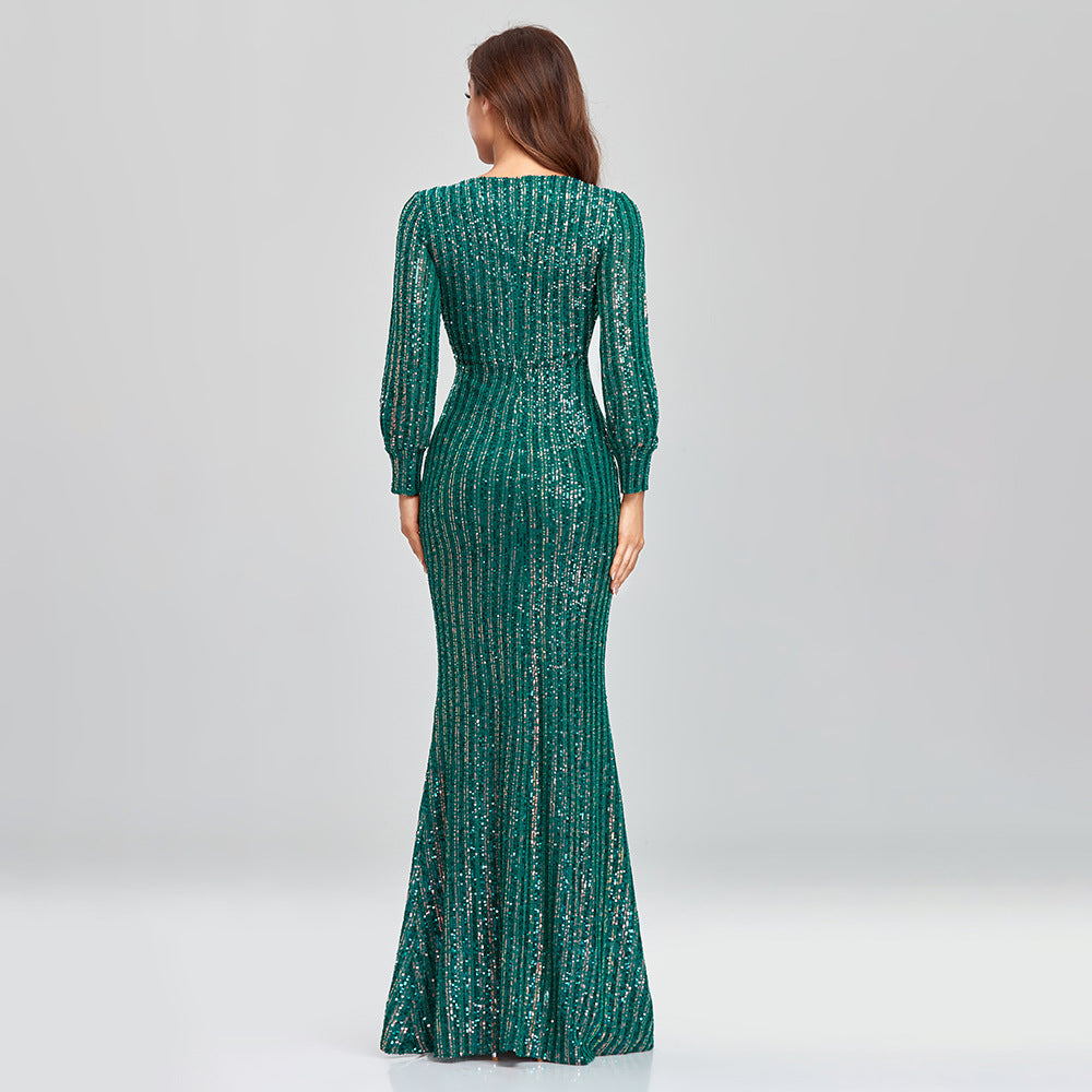 Sexy V Neck Sequined Mermaid Evening Dresses