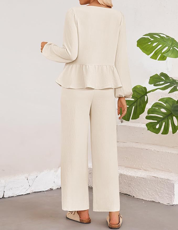 Casual Women Long Sleeves V Neck Shirts and Pants Suits