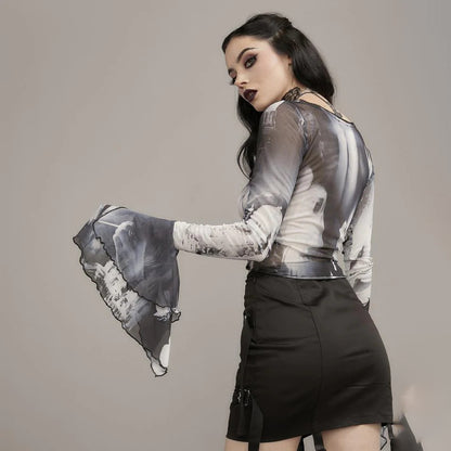 Summer Sexy Trumpet Sleeves Midriff Baring Women Shirts