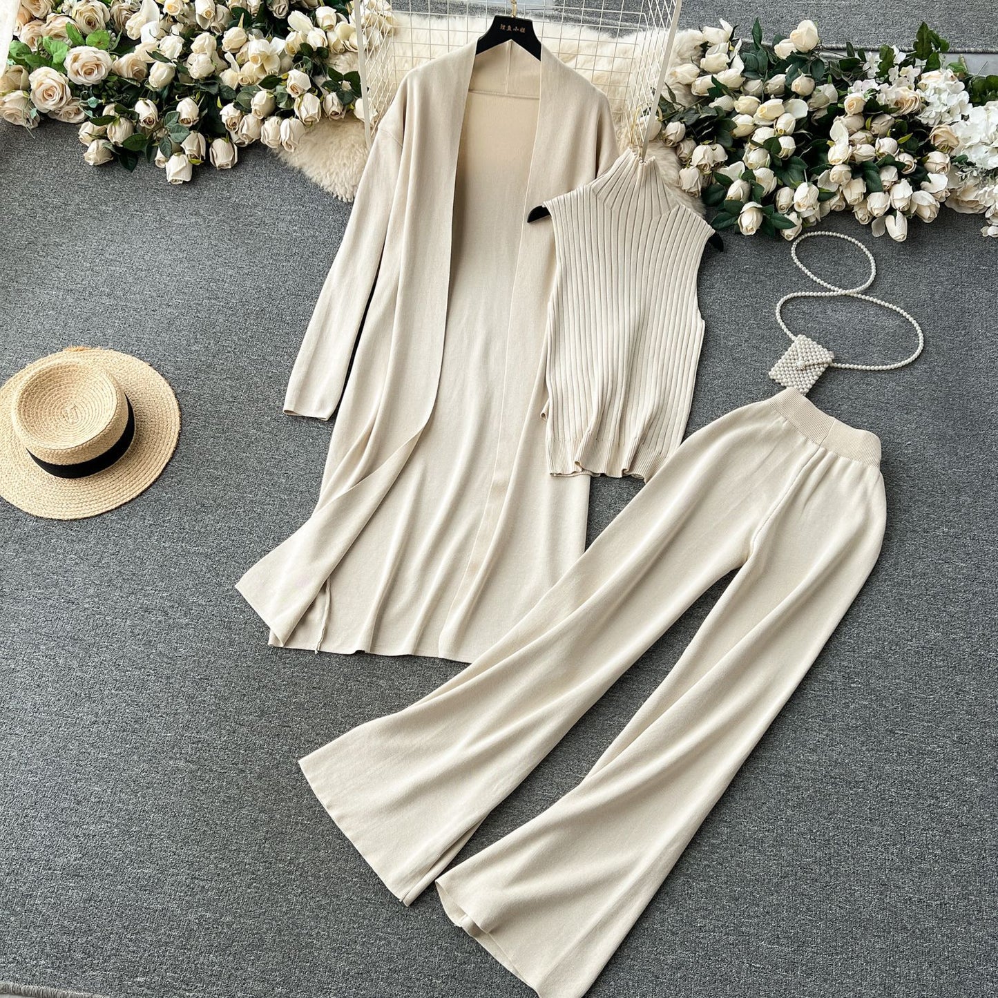 Fashion Fall Knitted 3pcs Cardigan High Neck Sweater Wide Legs Pants