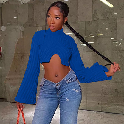 Sexy Irregular Midriff Baring Short Knitted Tops