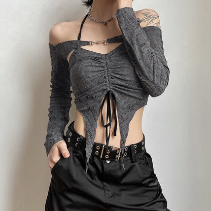Fashion Gray Off The Shoulder Halter Short Shirts