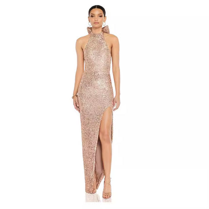 Sexy Sequined Halter Bow Evening Party Dresses