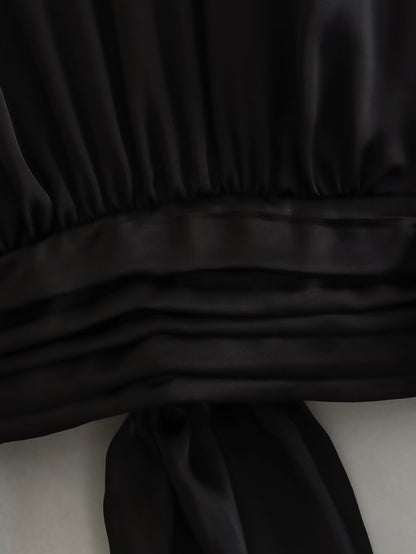 Black Satin Summer Short Blouses for Women