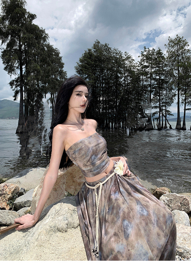 Luxury Vintage Summer Strapless Tops and Long Skirts Suits