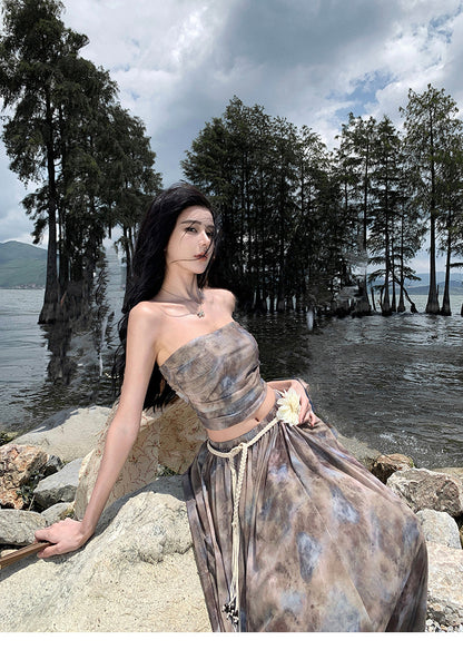 Luxury Vintage Summer Strapless Tops and Long Skirts Suits