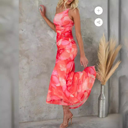 Trendy Explosive One Shoulder Floral Elastic Bodycon Dress