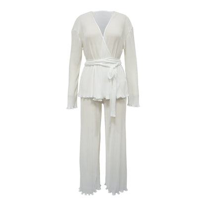 Casual V Neck Long Sleeves Tops and Pants Two Pieces Suits