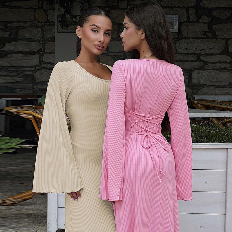 Sexy U Neck Back Lace Up Long Sleeves Dresses