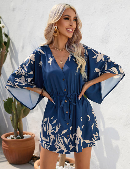 Casual Summer Leaf Print Half Sleeves Mini Dresses