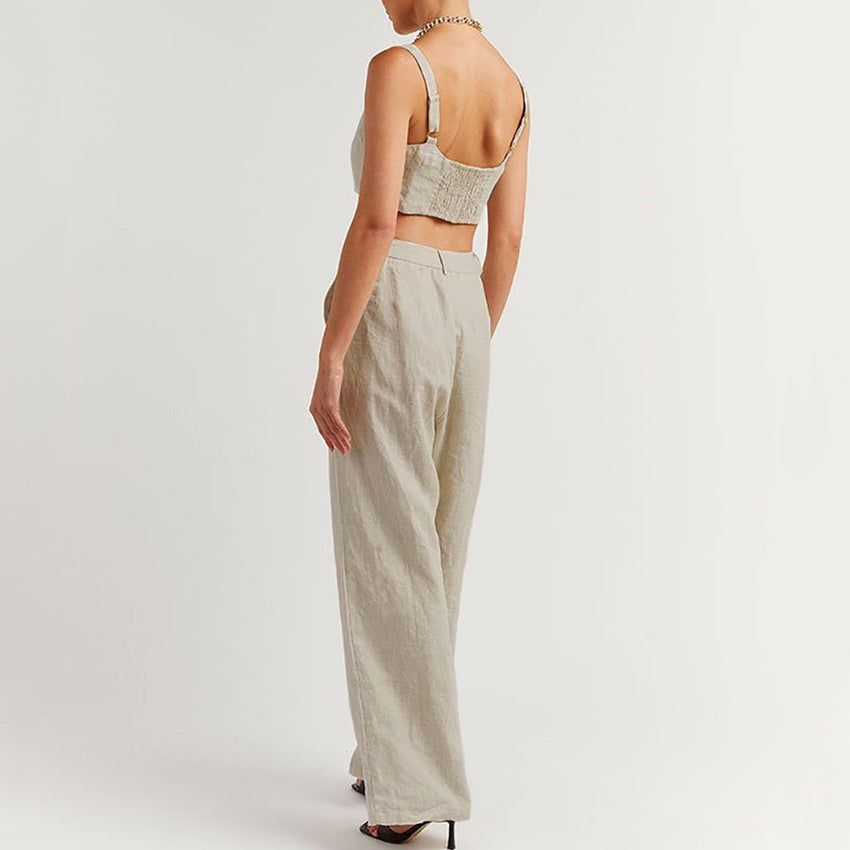 Summer Linen Crop Tops and Wide Legs Pants for Women